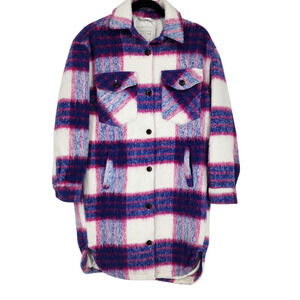 BlankNYC Prime Time Pink Blue Flannel Long Shacket Pockets Size Small